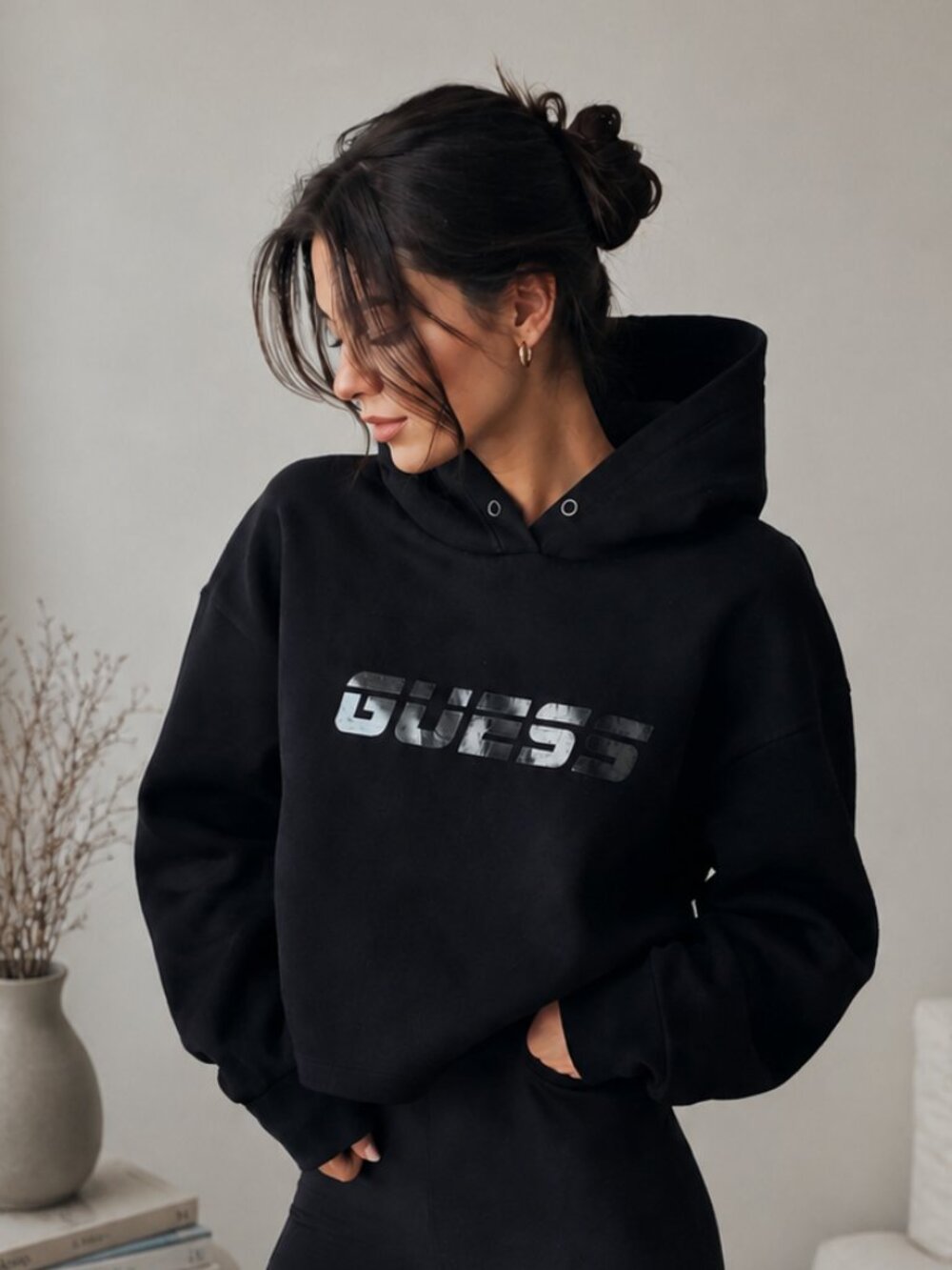 GUESS Black Cropped Hoodie